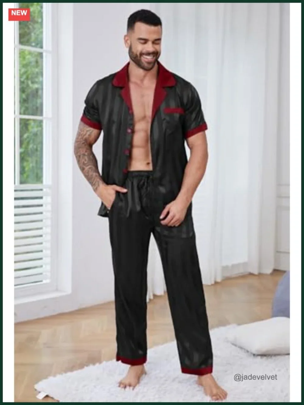 Men's Satin Pajama Set Short Sleeve Sleepwear with Long Pants